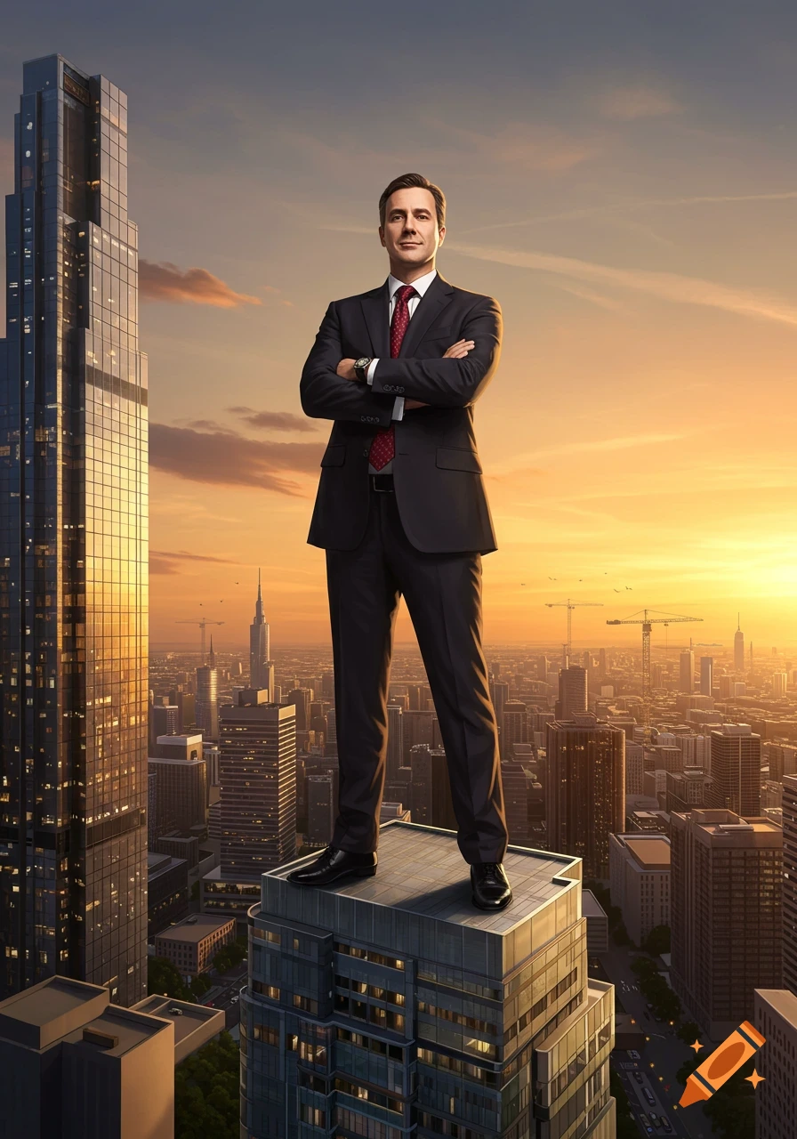 A confident man in a suit stands on a skyscraper rooftop, arms crossed, overlooking a vast city skyline at sunset in a photorealistic style.