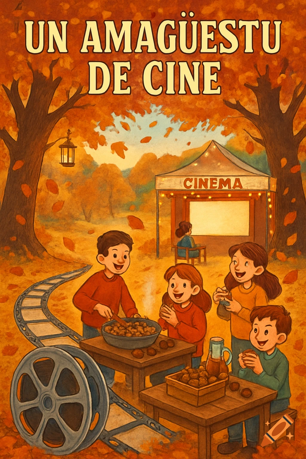Illustration of children at an autumn chestnut festival with a cinema tent, a film reel, and falling leaves, with the title 'UN AMAGÜESTU DE CINE'.