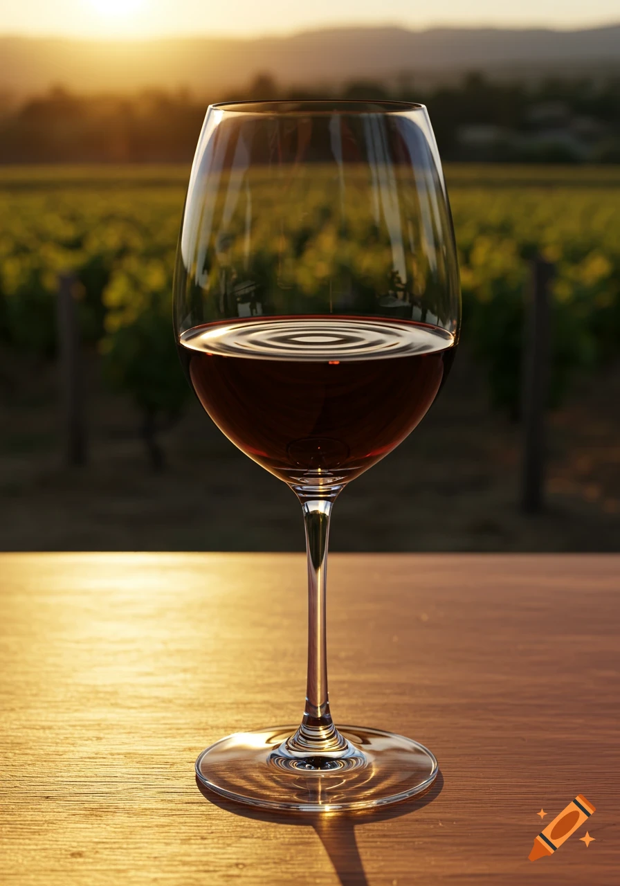 A close-up shot of a glass of red wine on a wooden table, with a vineyard and sunset in the blurred background.