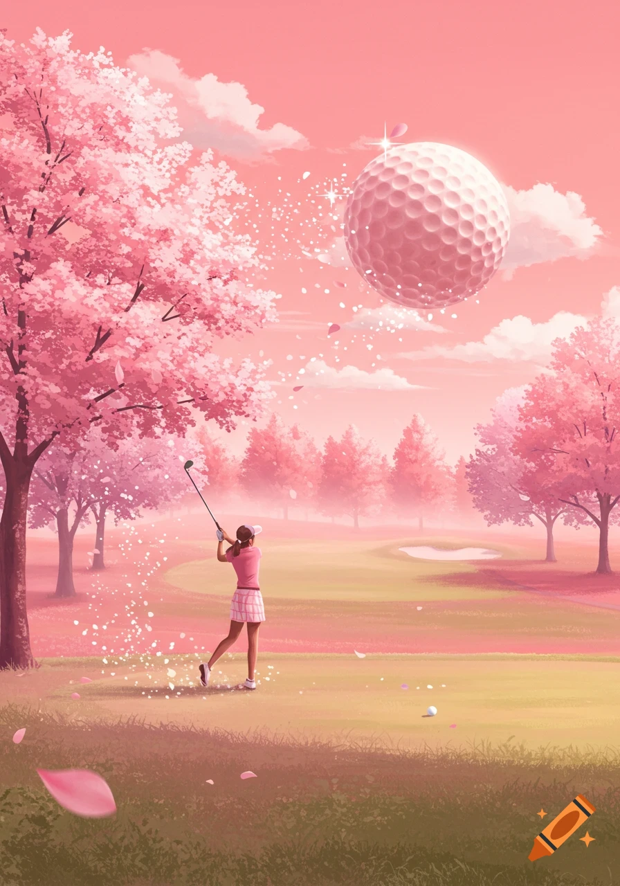A woman golfs on a pink course with cherry blossoms and a giant sparkling golf ball in the sky in an illustrative style.