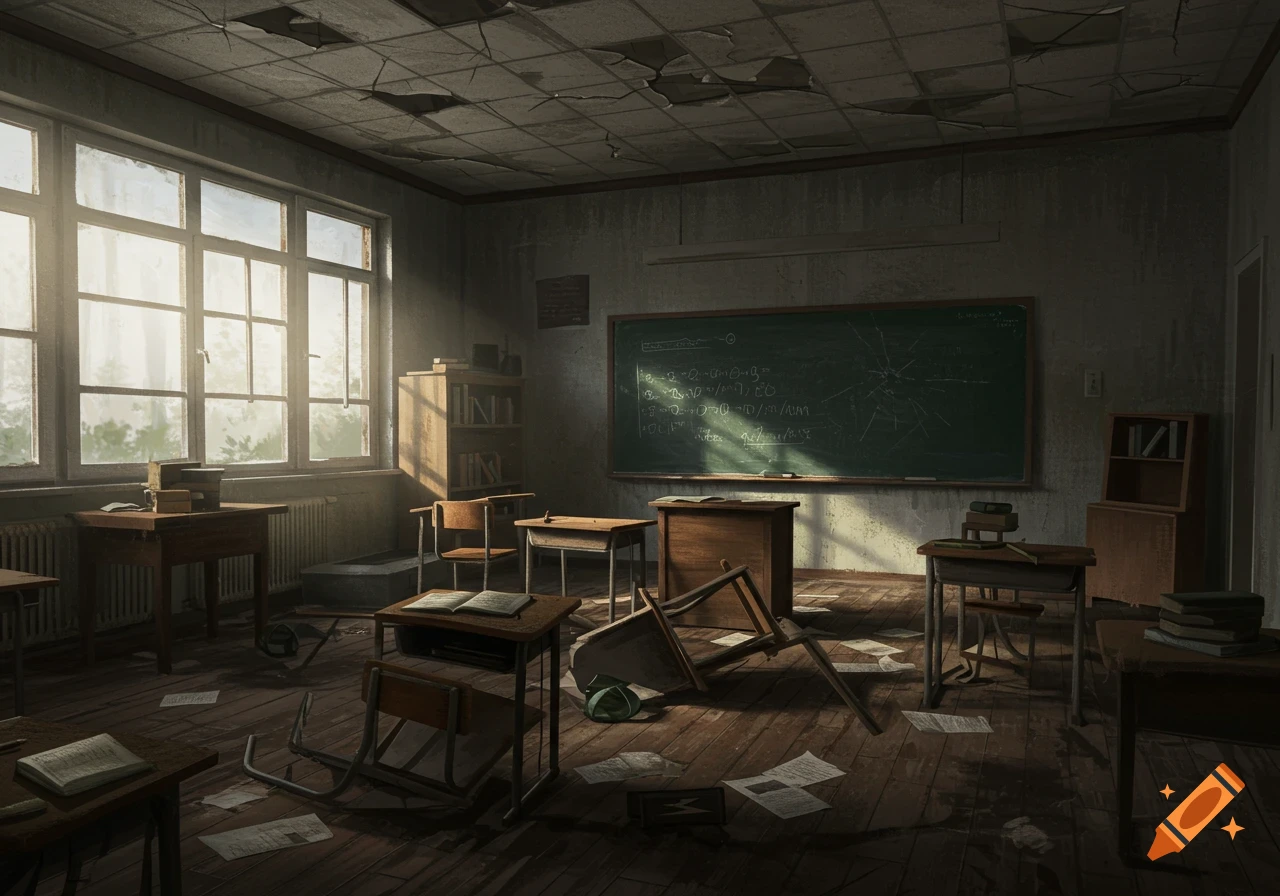 An abandoned classroom with broken ceiling tiles, scattered papers, overturned chairs, and light streaming through dirty windows.