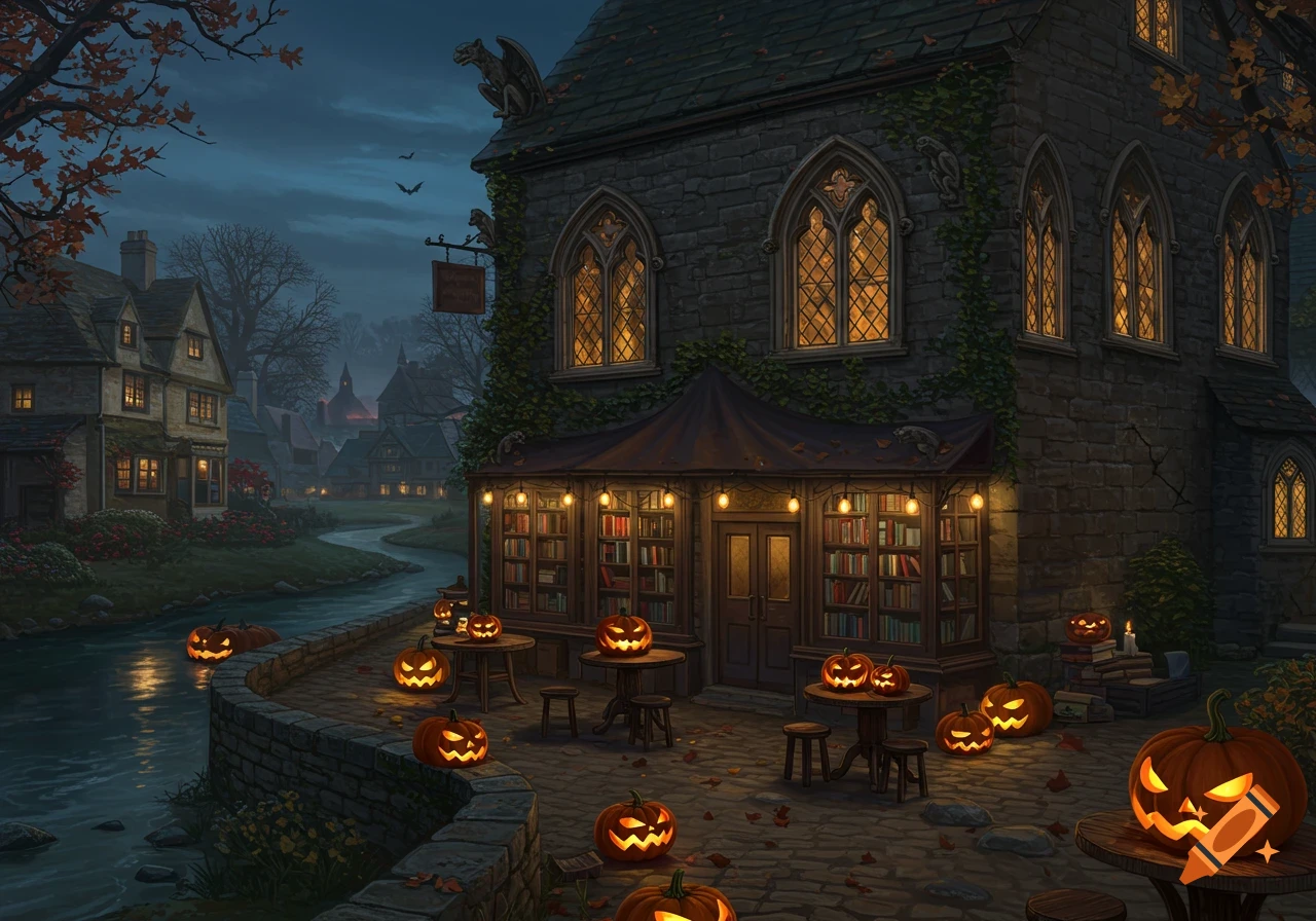 A gothic bookstore by a river in a quaint village at night, adorned with glowing jack-o-lanterns and warm lights for Halloween.
