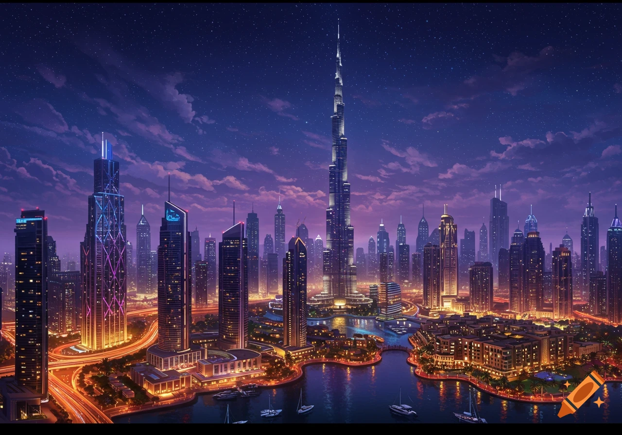 A vibrant, stylized night aerial view of the Dubai city skyline featuring the illuminated Burj Khalifa, other skyscrapers, glowing roads, and water with boats under a starry purple and pink sky.