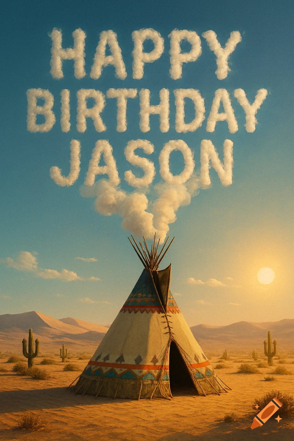 A teepee in a desert landscape at sunset, with clouds spelling "HAPPY BIRTHDAY JASON" in the sky.