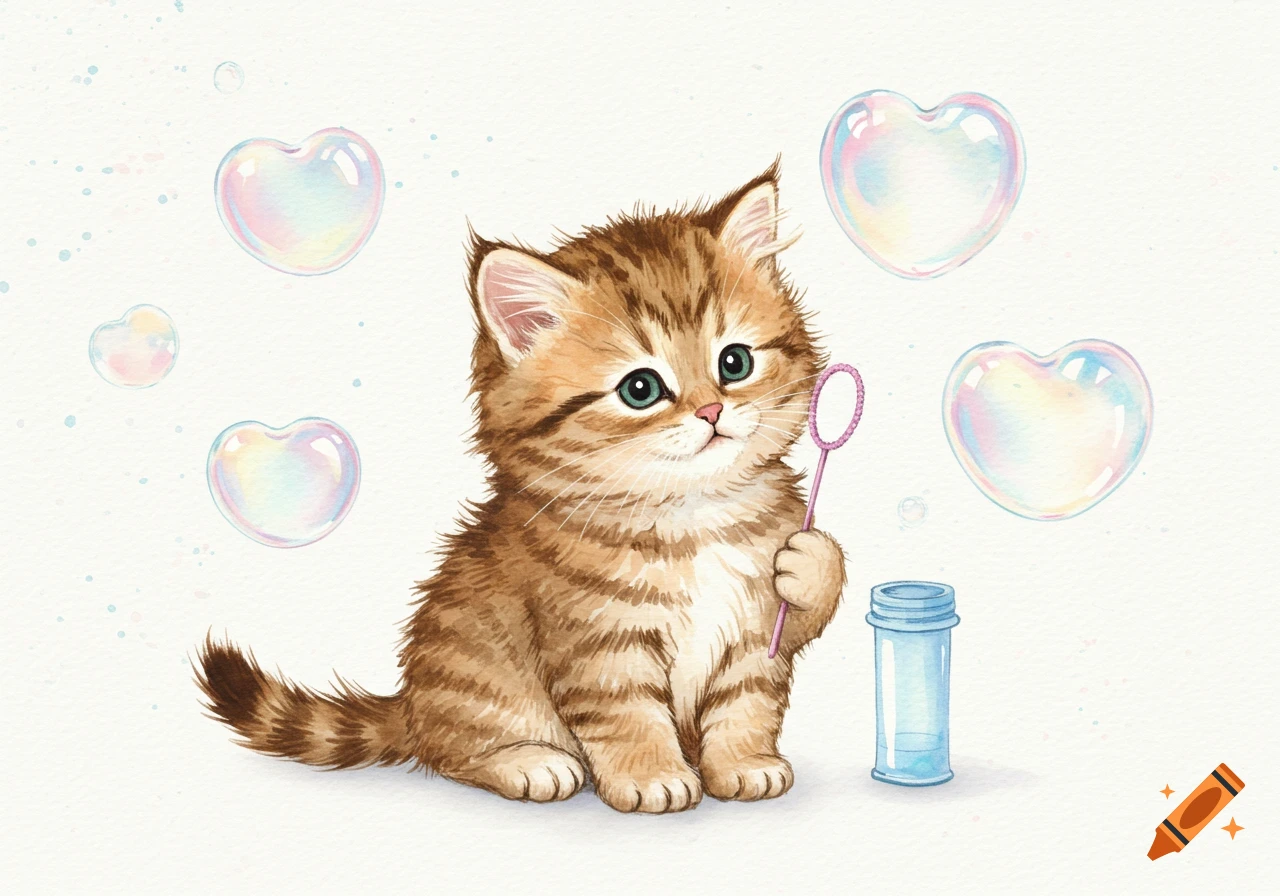 A fluffy tabby kitten holding a bubble wand, surrounded by heart-shaped bubbles in a watercolor painting style.
