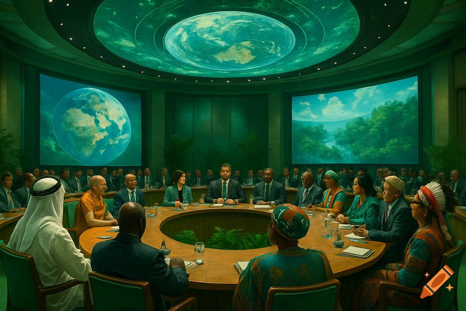 A diverse group of international delegates gather around a large circular table in a green-lit conference room with screens displaying Earth and a forest.