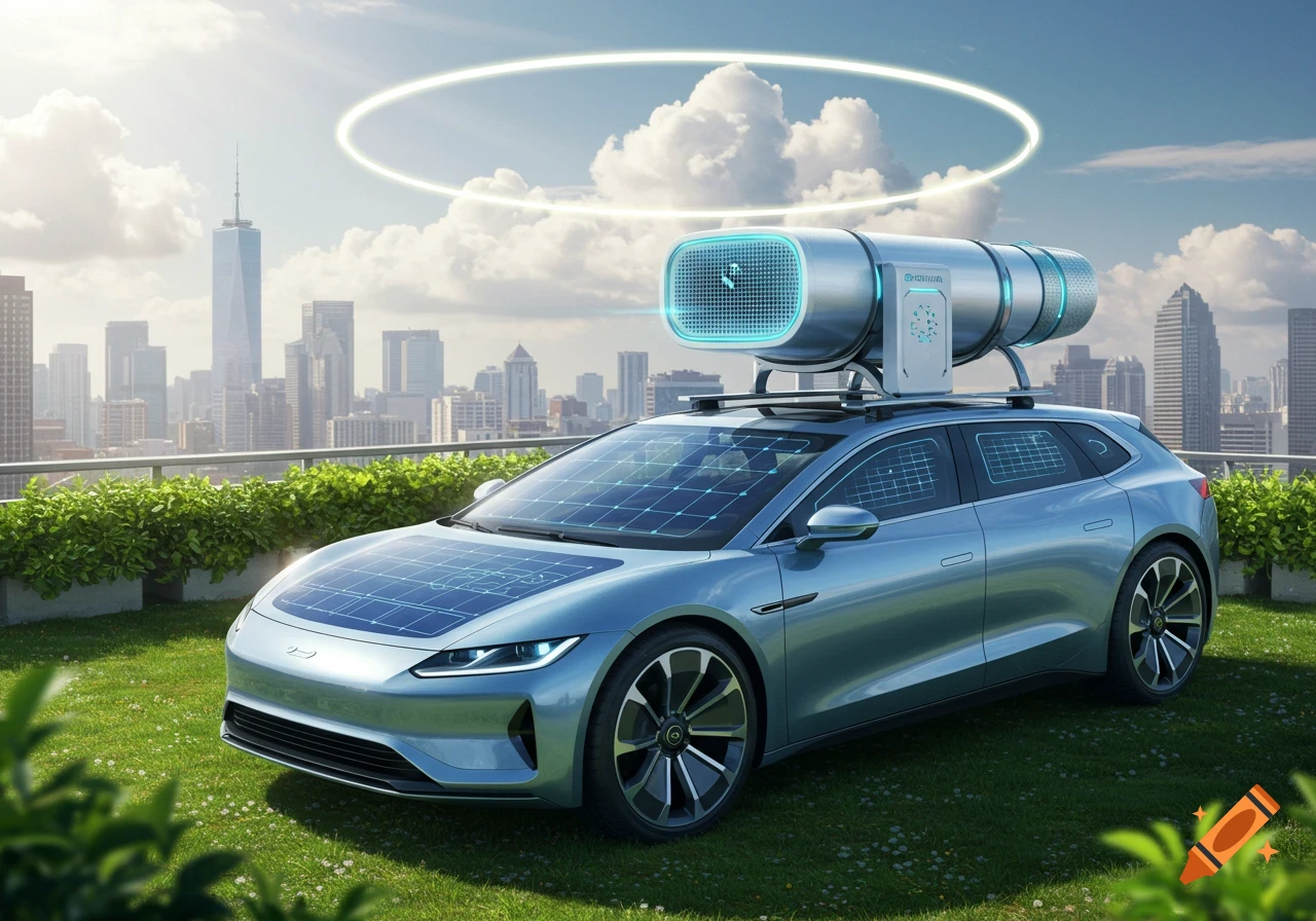A futuristic light blue car with solar panels and a roof-mounted air purification system sits on a green rooftop garden overlooking a modern city skyline.