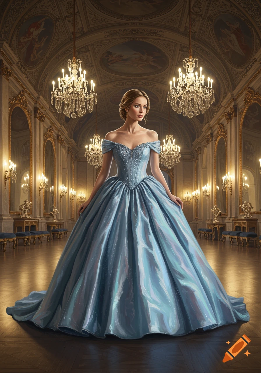 A woman in a shimmering blue off-the-shoulder ballgown stands in a grand, ornate ballroom with chandeliers.