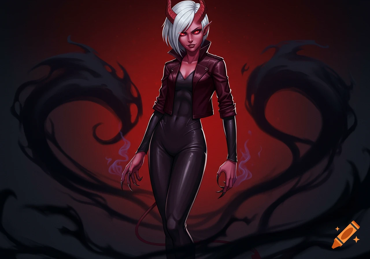 A white-haired demon woman with red skin, horns, and claws, wearing a maroon jacket and dark jumpsuit, stands against a red and black background with shadowy tendrils.