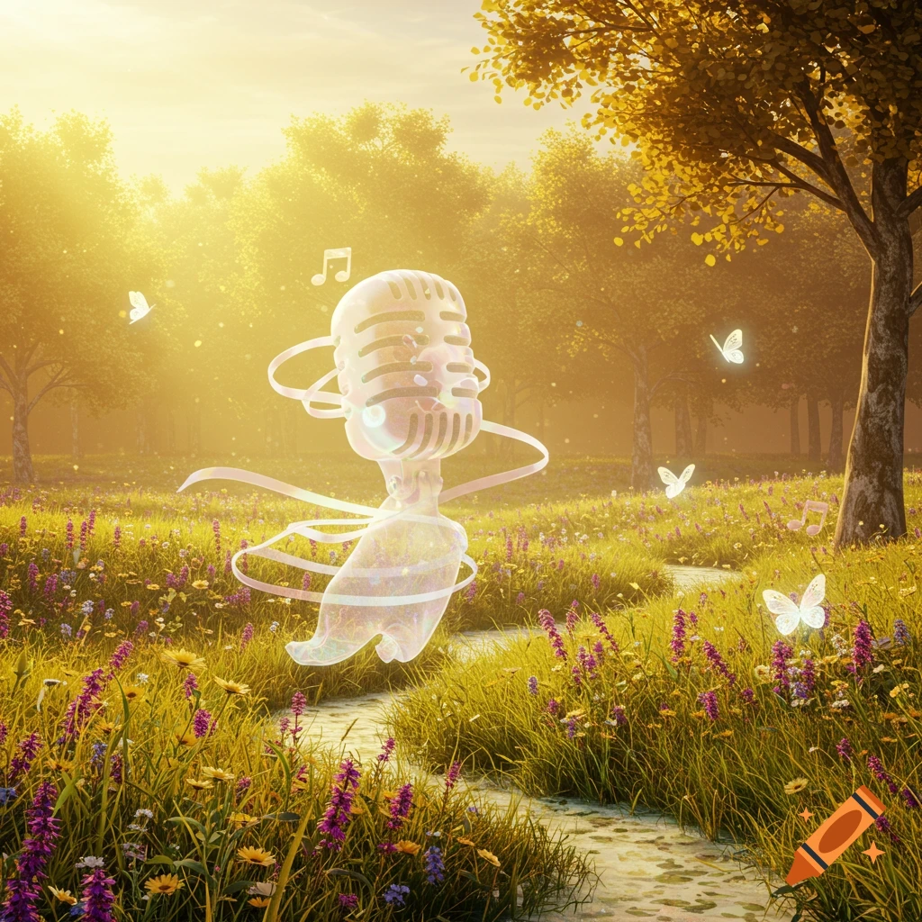 A glowing, ethereal microphone-like figure floats through a sun-drenched wildflower meadow with trees and butterflies.