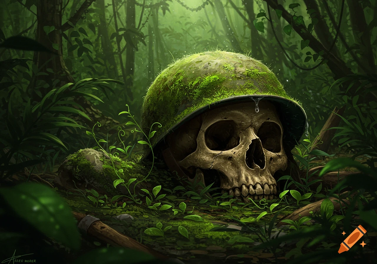 A moss-covered soldier's skull wearing a helmet lies partially buried on a vibrant, green jungle floor, surrounded by lush foliage and vines.