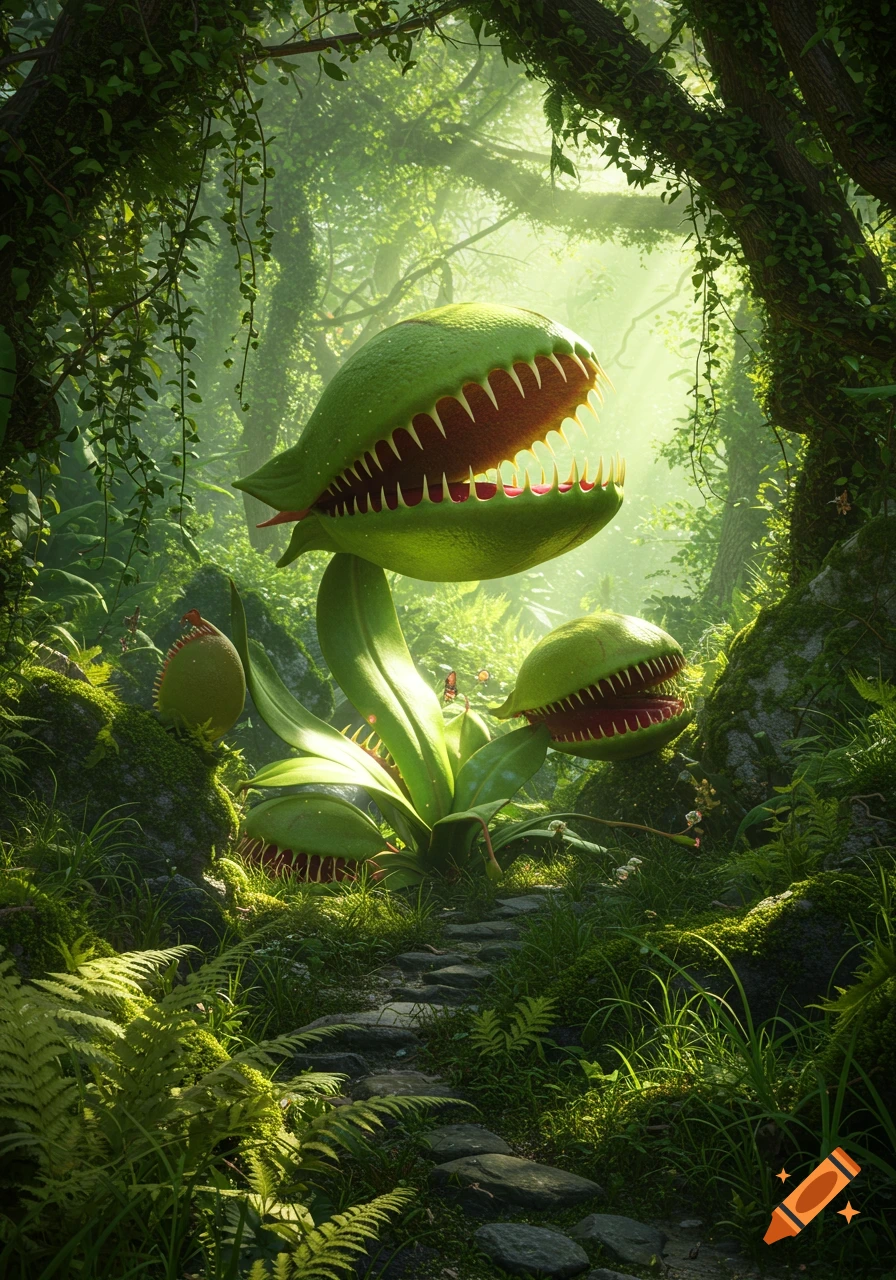 A large, vibrant green venus flytrap with sharp teeth stands prominently on a mossy path in a lush, sunlit fantasy forest.