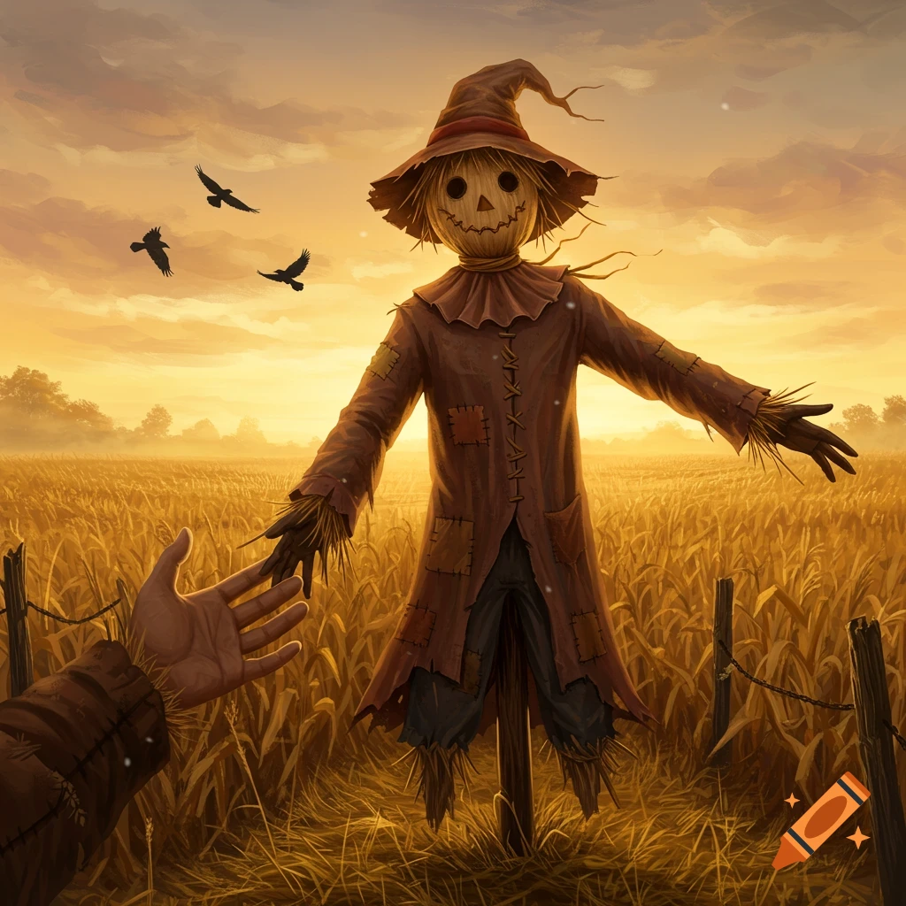 A scarecrow in a golden field at sunset, with a human hand reaching towards it and three crows flying in the sky.