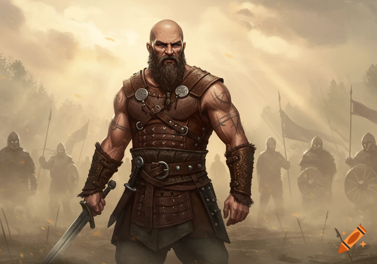 A bald, bearded warrior in leather armor holding a sword stands before an army on a hazy battlefield.