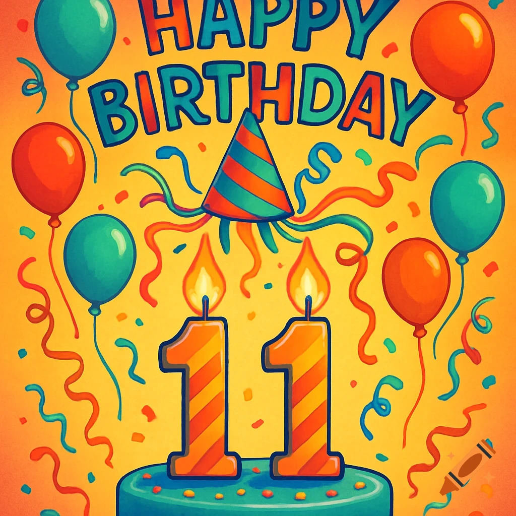 A vibrant birthday greeting card with 'HAPPY BIRTHDAY' text, an '11' in lit candles, balloons, a party hat, and confetti.