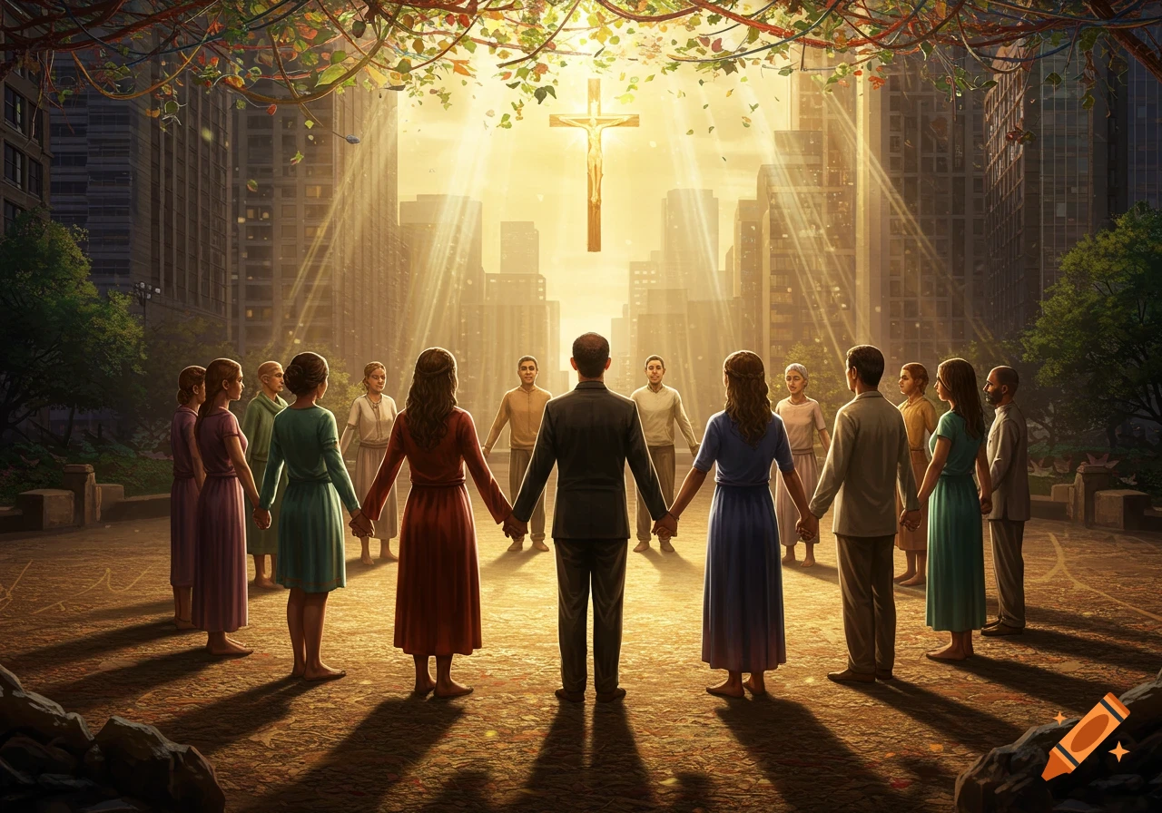 People hold hands in a circle, facing a glowing cross with sun rays over a city, under a canopy of trees.
