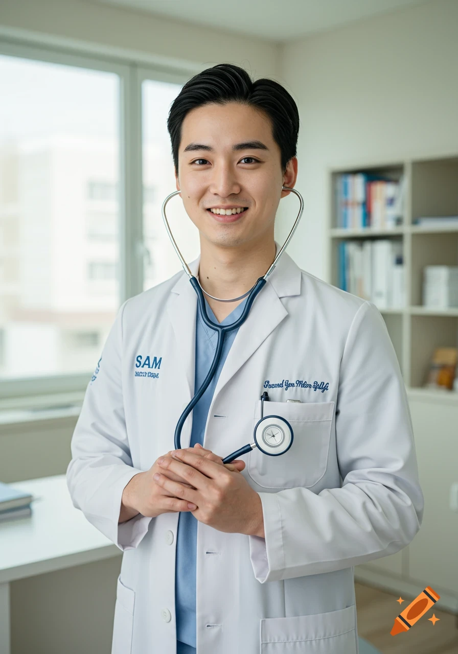 A smiling young Asian male doctor in a white lab coat and blue scrubs holds a stethoscope around his neck in a bright office.