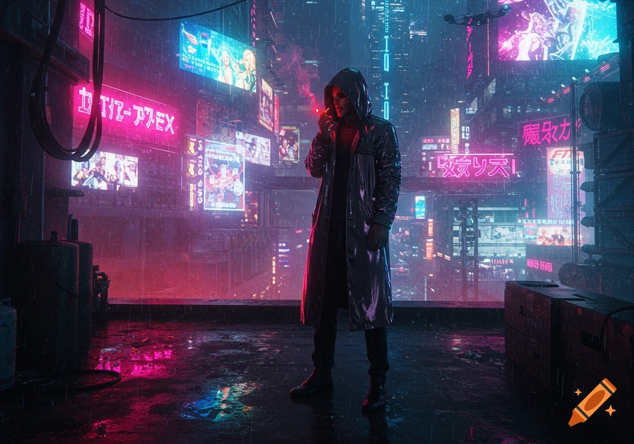 A person in a hooded trench coat stands on a wet rooftop in a rainy, neon-lit cyberpunk city at night, smoking a cigarette.