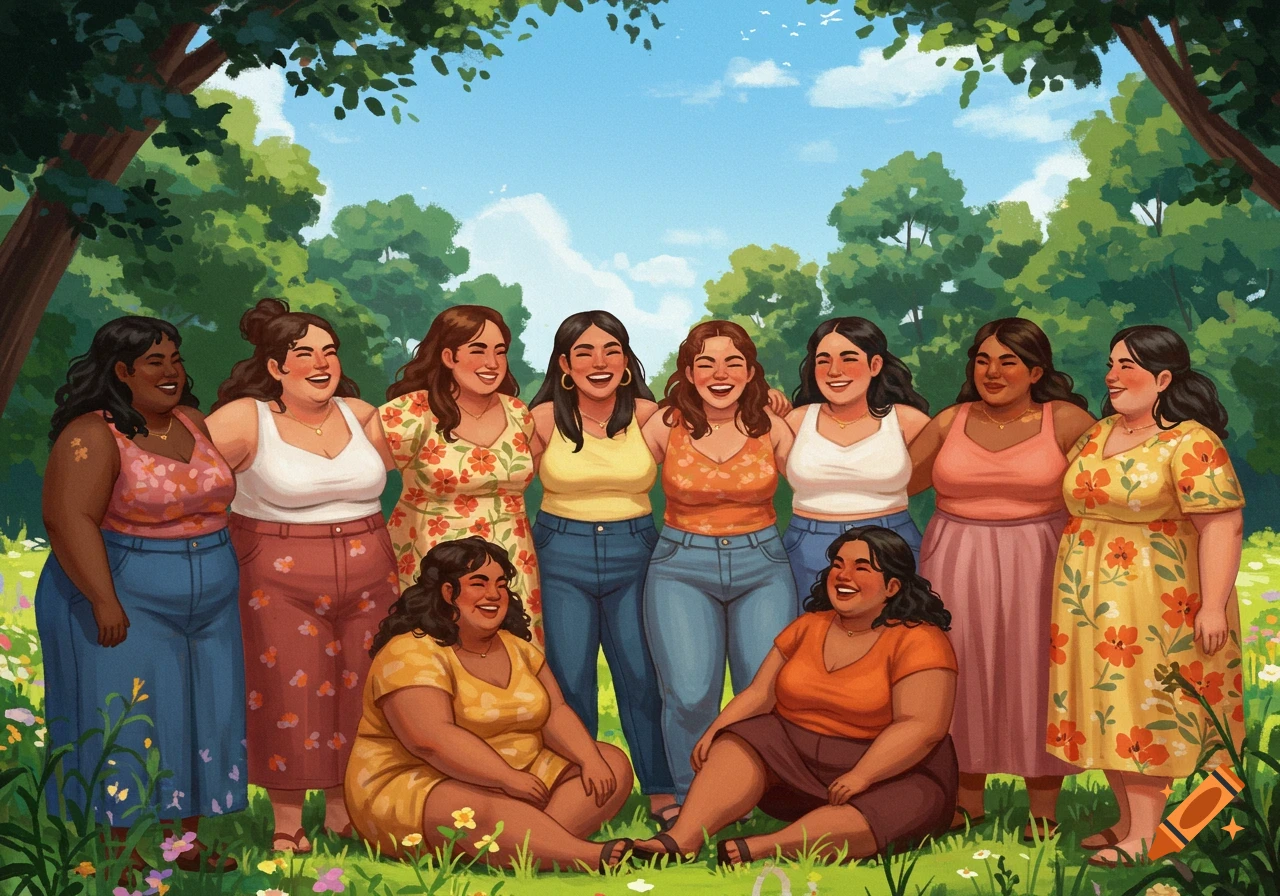 A group of diverse, smiling women in casual clothes embrace each other in a sunny park with trees and wildflowers in an illustrated style.