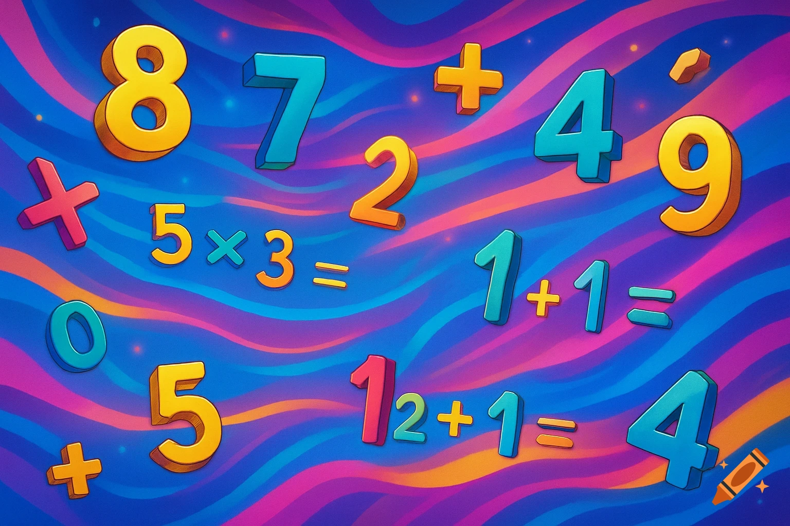 Colorful 3D numbers and math symbols on a dynamic, wavy abstract background.