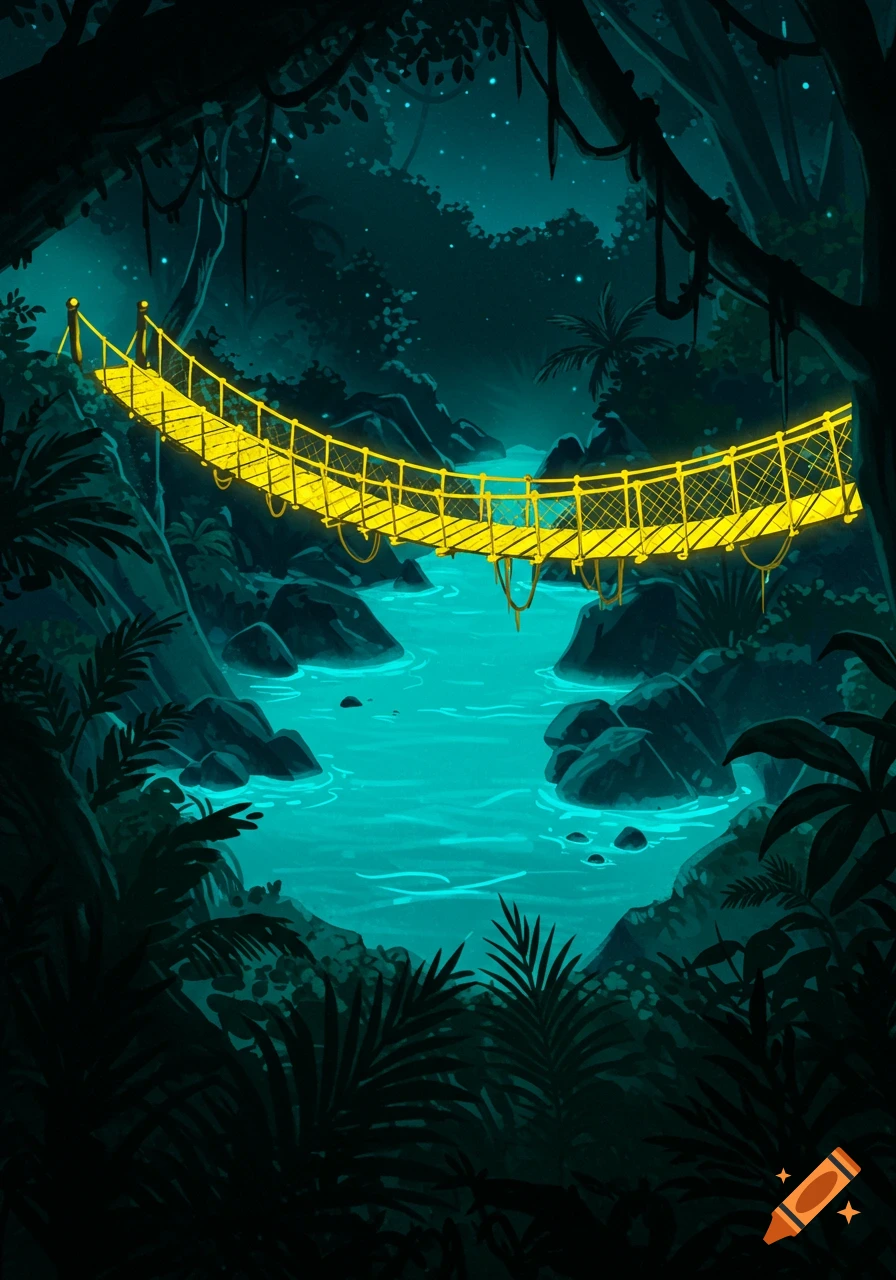 A vibrant, stylized night scene of a glowing yellow rope bridge over a luminescent cyan river in a dark jungle.