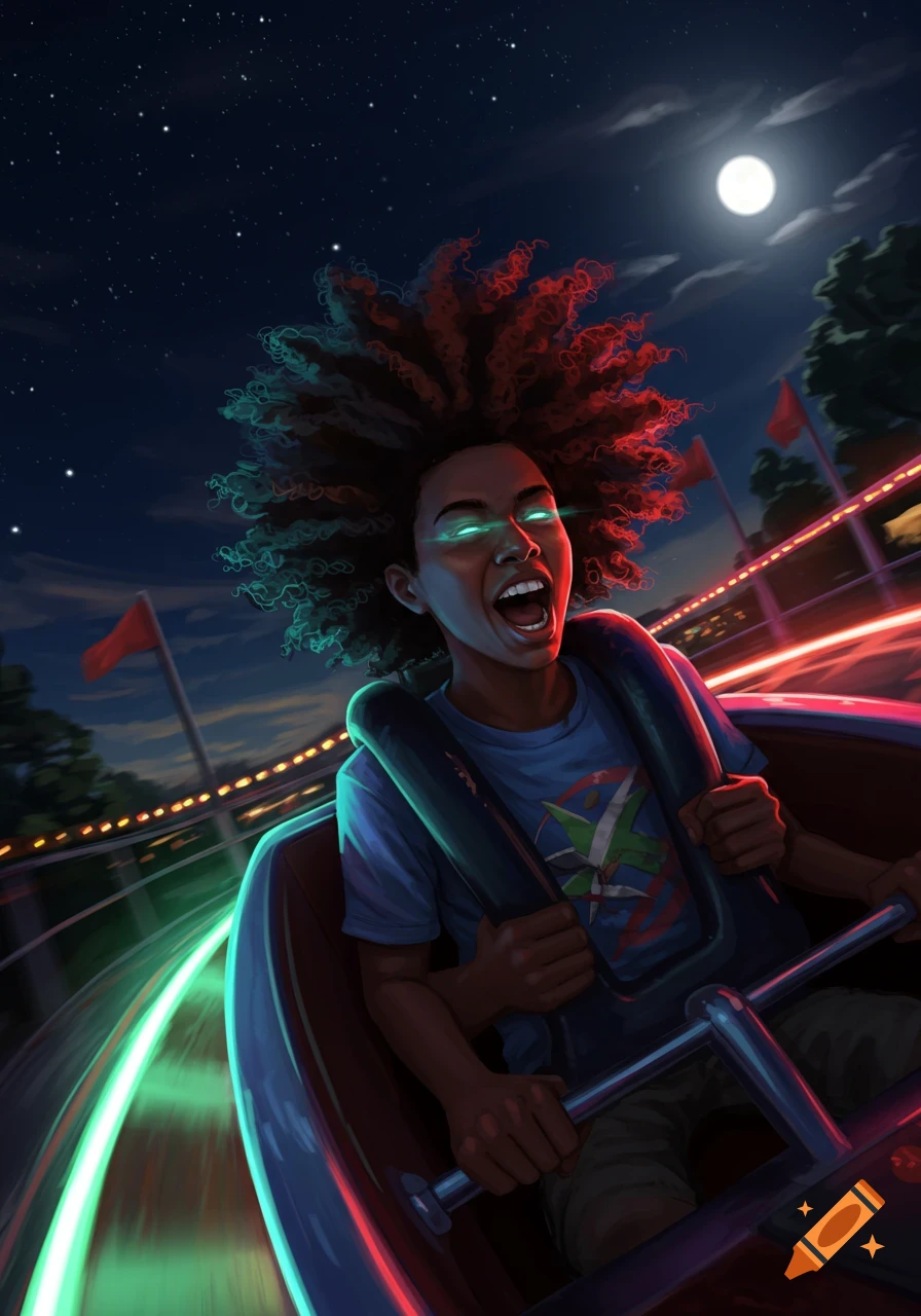 Vibrant illustration of an African American person screaming with excitement on a rollercoaster at night under a full moon.