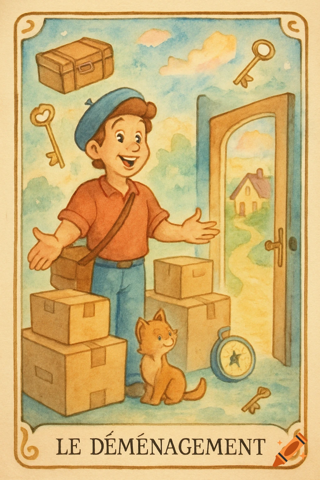 A watercolor illustration of a cheerful boy with a cat and moving boxes, standing before an open door leading to a new home.