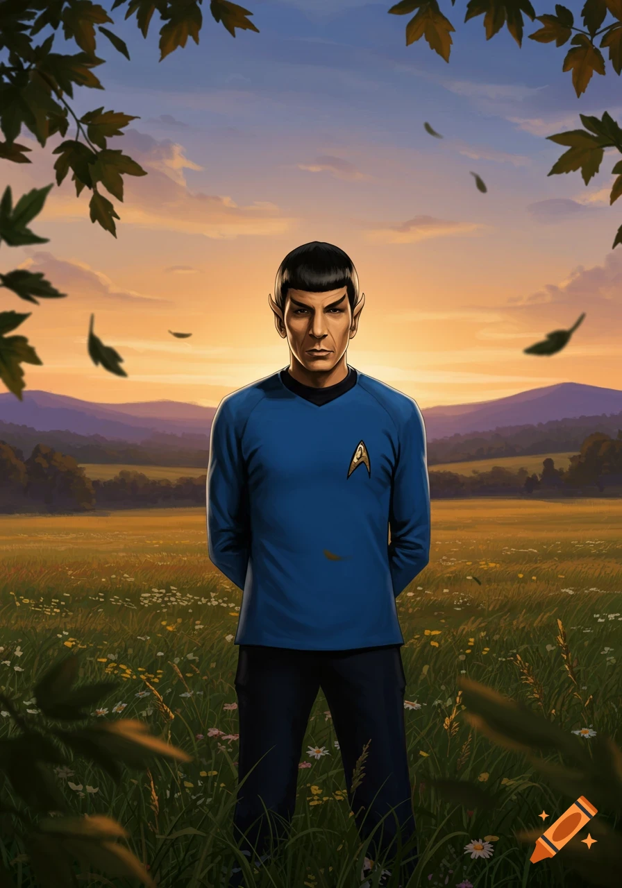 Spock from Star Trek in his blue uniform stands in a field of wildflowers at sunset, framed by leaves.