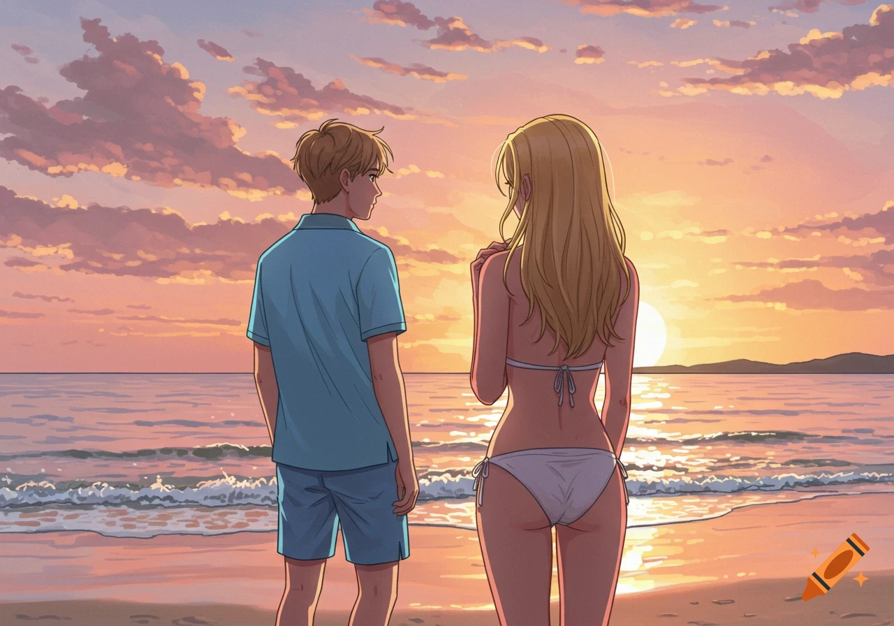 Anime couple on a beach at sunset, woman in a white bikini, man in a blue polo and shorts, looking at the ocean.