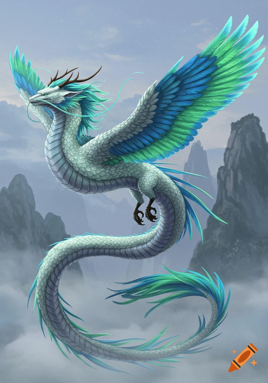 A majestic white and teal feathered dragon with antlers and large wings soars above misty mountains.