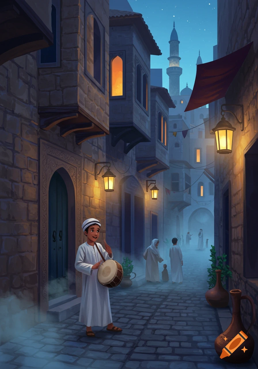A young boy plays a drum on a lamp-lit street in an old Middle Eastern city at night, with people and a minaret in the foggy background.