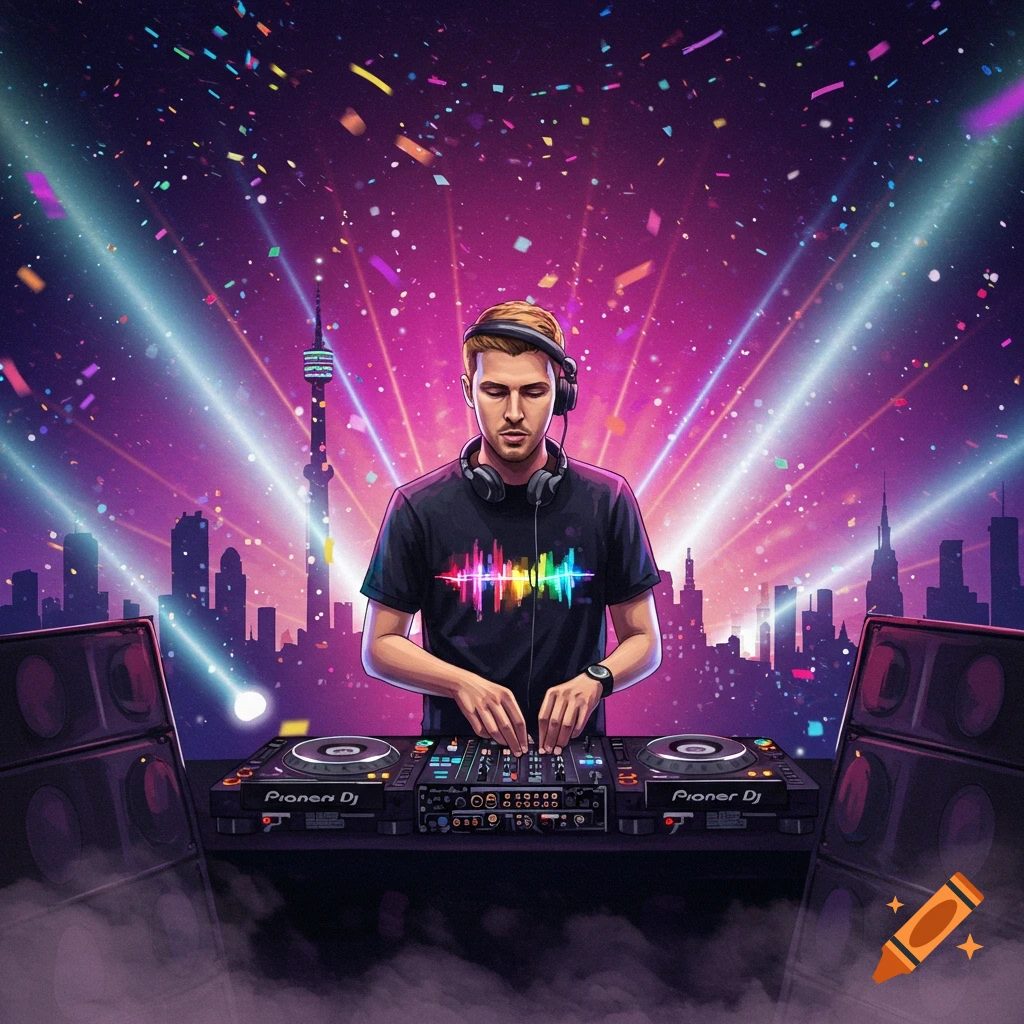 A male DJ with headphones mixes music on Pioneer DJ equipment in front of a vibrant city skyline with confetti and stage lights, illustrated.