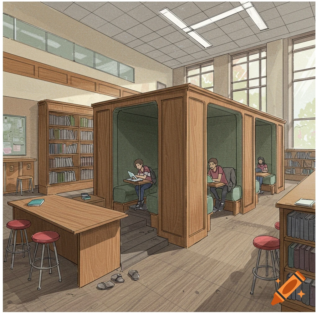 An illustration of a high school library with students studying in individual wooden study pods and at tables with bookshelves around them.