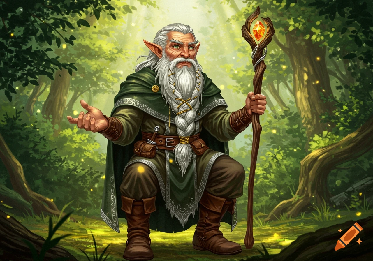 An old half-elf with a braided white beard and green robes stands in a magical forest, holding a staff with an orange gem.