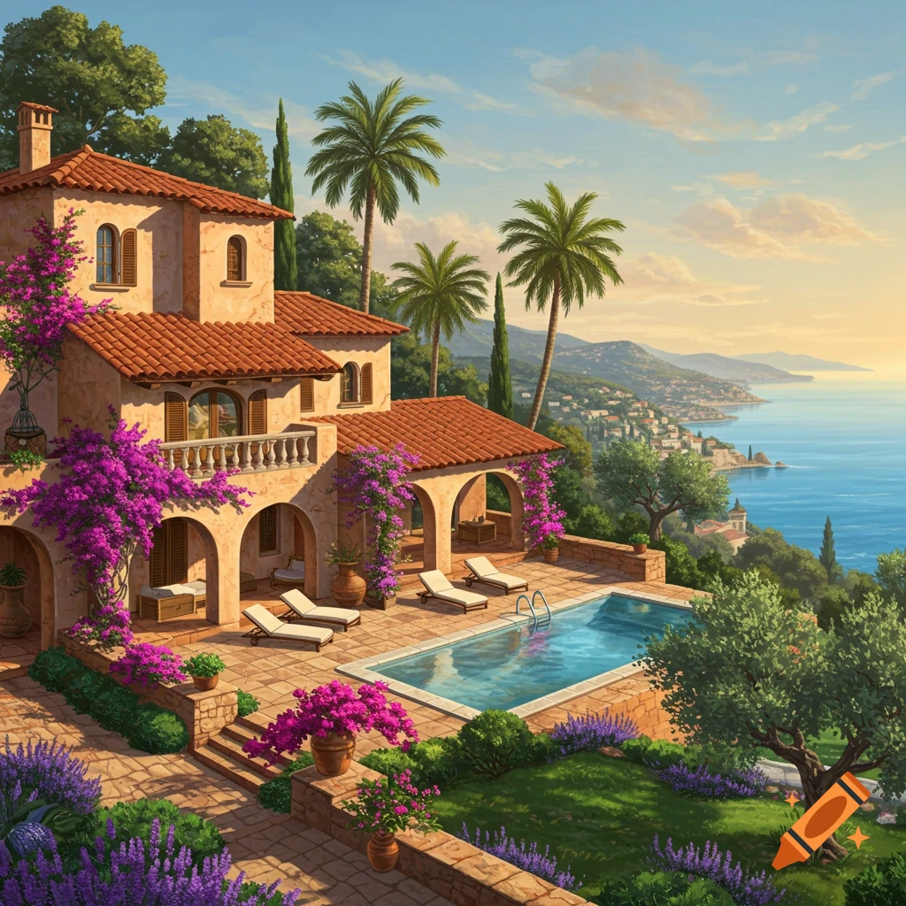 A vibrant painting of a Mediterranean-style villa with a swimming pool and lush gardens overlooking a coastal town and the sea at sunset.