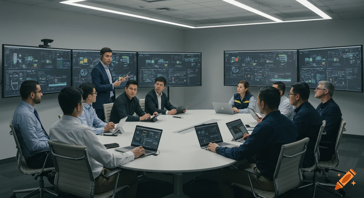 A technical moderator presents to engineers in a modern control room with multiple large data screens and laptops.