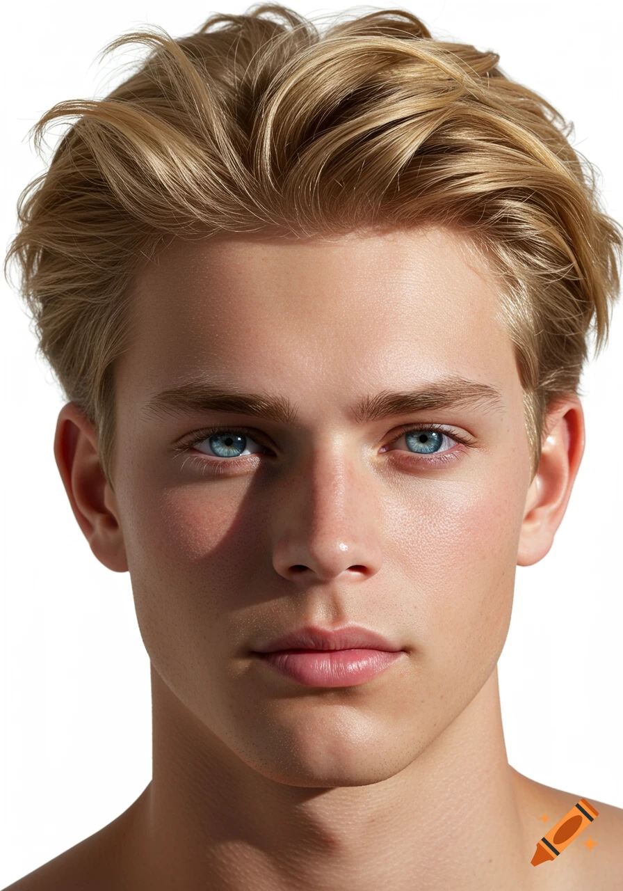Close-up photorealistic portrait of a young man with blonde hair and blue eyes against a white background.