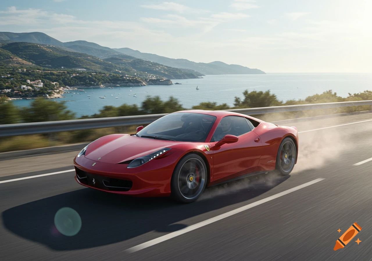 A red Ferrari sports car speeds on a coastal road with mountains and the ocean in the background.