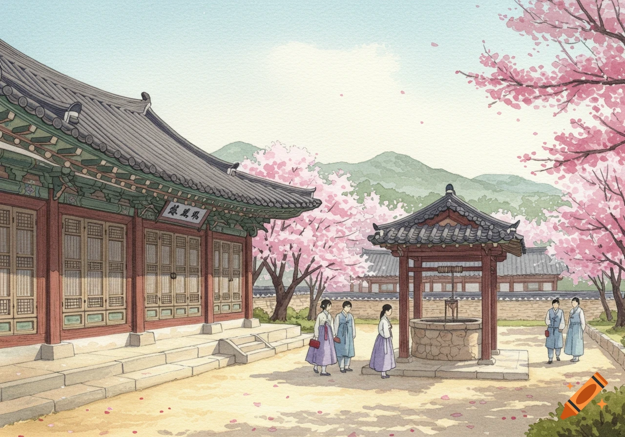 A watercolor painting of traditional Korean buildings, a well, and people in hanbok under cherry blossoms.