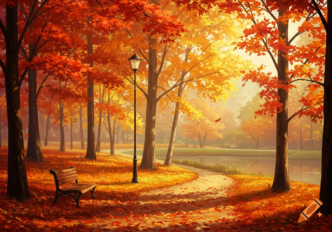 A vibrant autumn park scene with a winding path, a wooden bench, a lamppost, and a pond surrounded by trees with red and orange leaves.