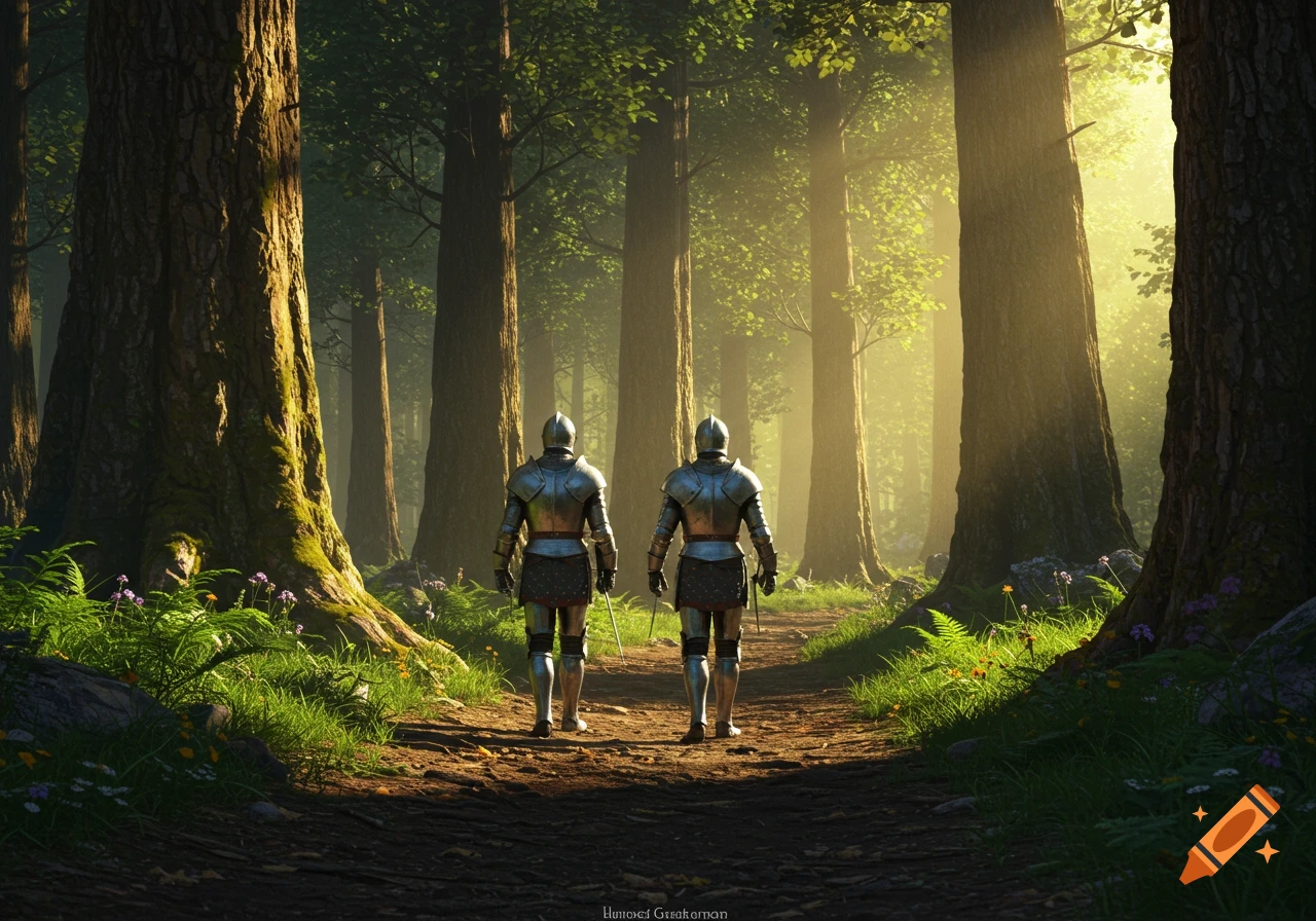 Two armored knights walk on a dirt path through a dense, sunlit forest, viewed from behind.