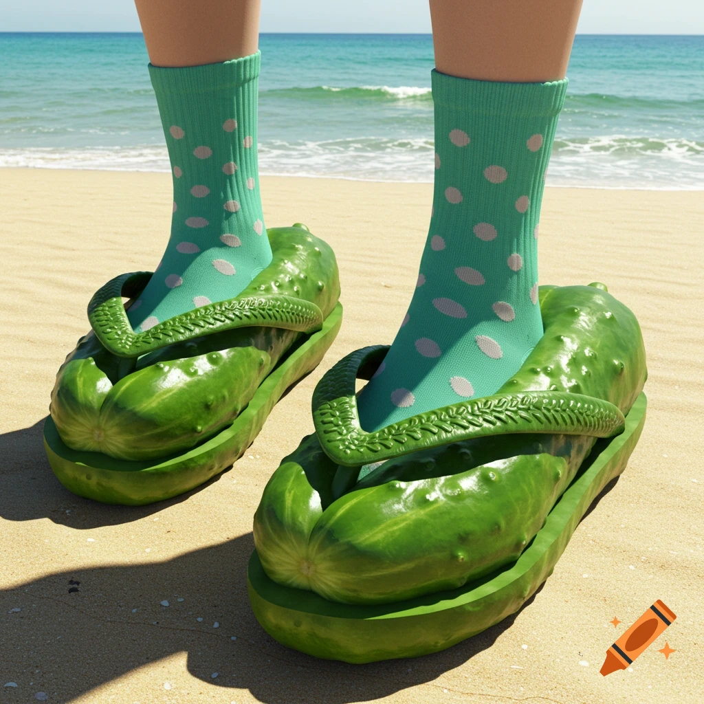 A person stands on a sandy beach wearing light green socks with white polka dots and whimsical green cucumber-shaped flip-flops. The ocean is in the background.