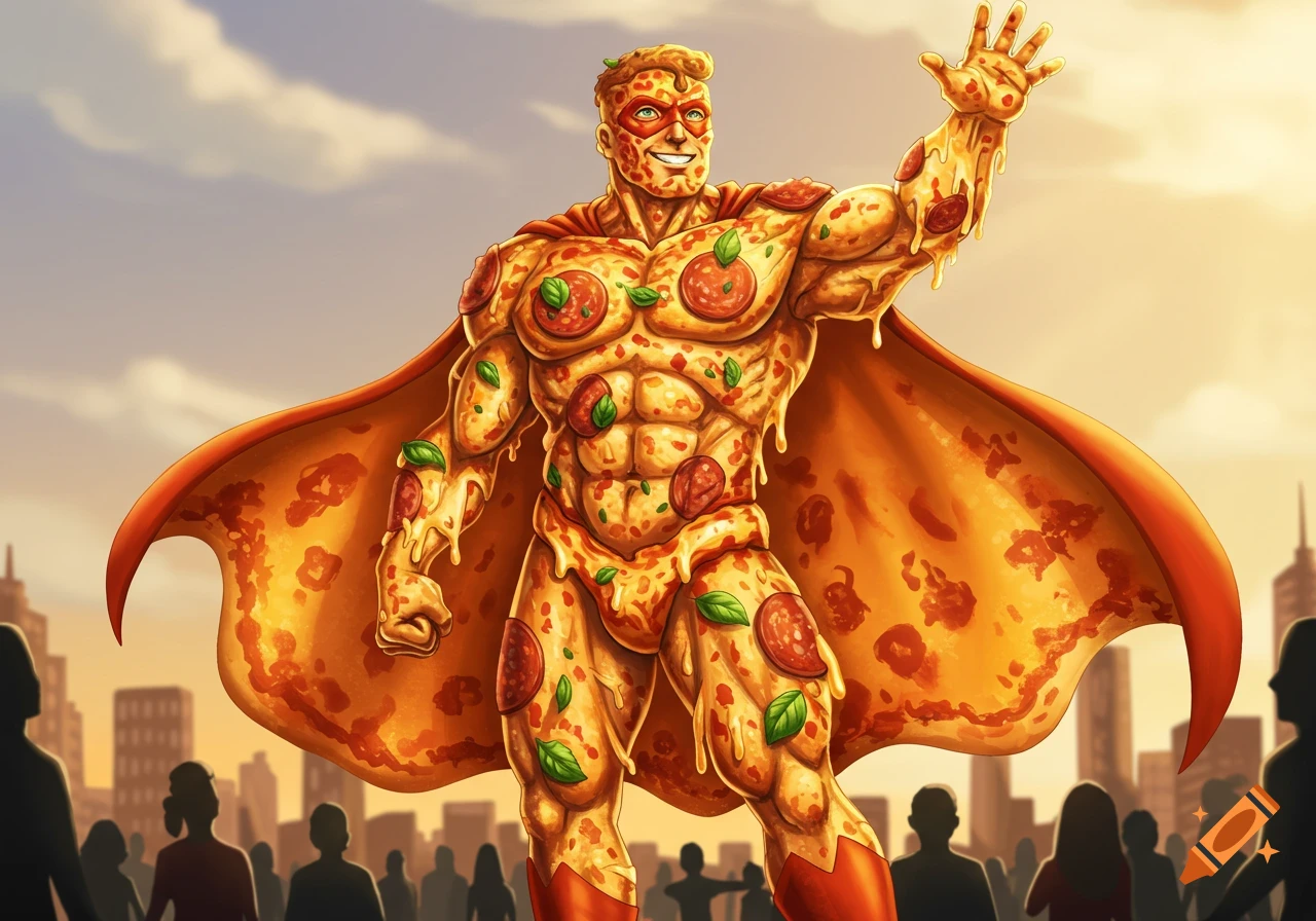 An illustrated pizza superhero made of pizza and toppings, wearing a pizza cape, waves to a silhouetted crowd in a city at sunset.