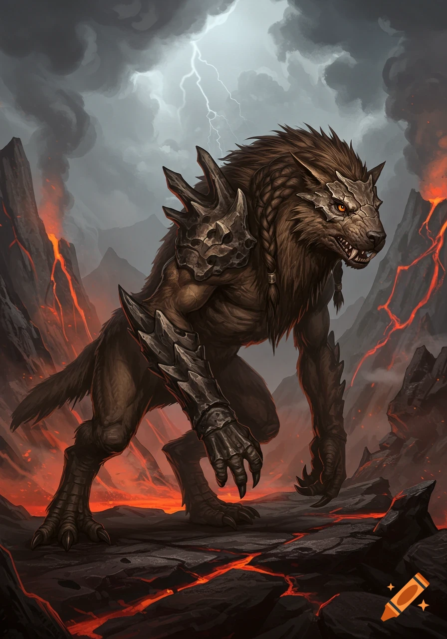 A towering, muscular, wolf-like monster with coarse brown fur, bony armor, and glowing amber eyes, stands in a volcanic landscape under a stormy, lightning-filled sky.