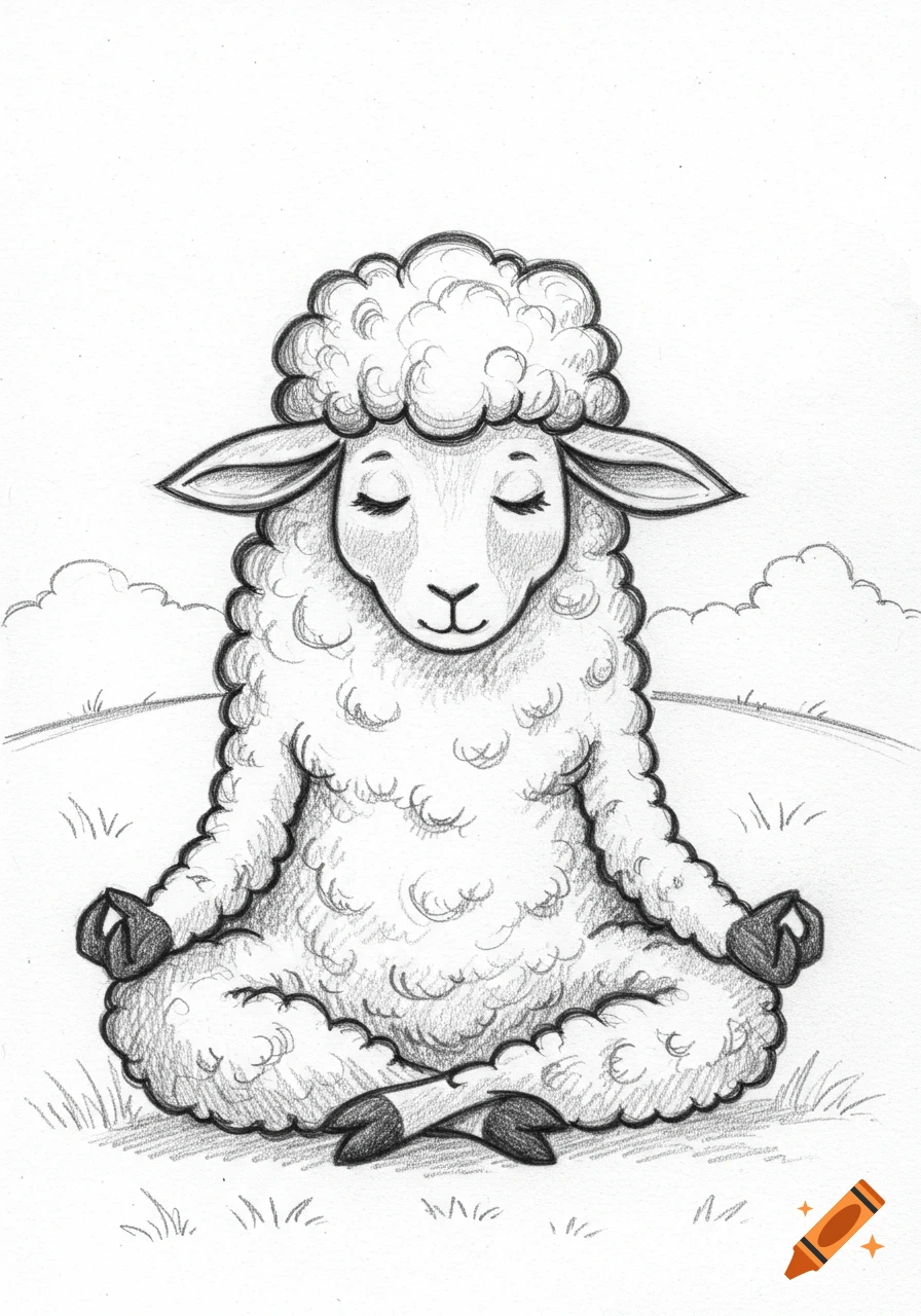 Pencil drawing of a cartoon sheep with closed eyes meditating in a lotus position, against a simple background with clouds and grass.