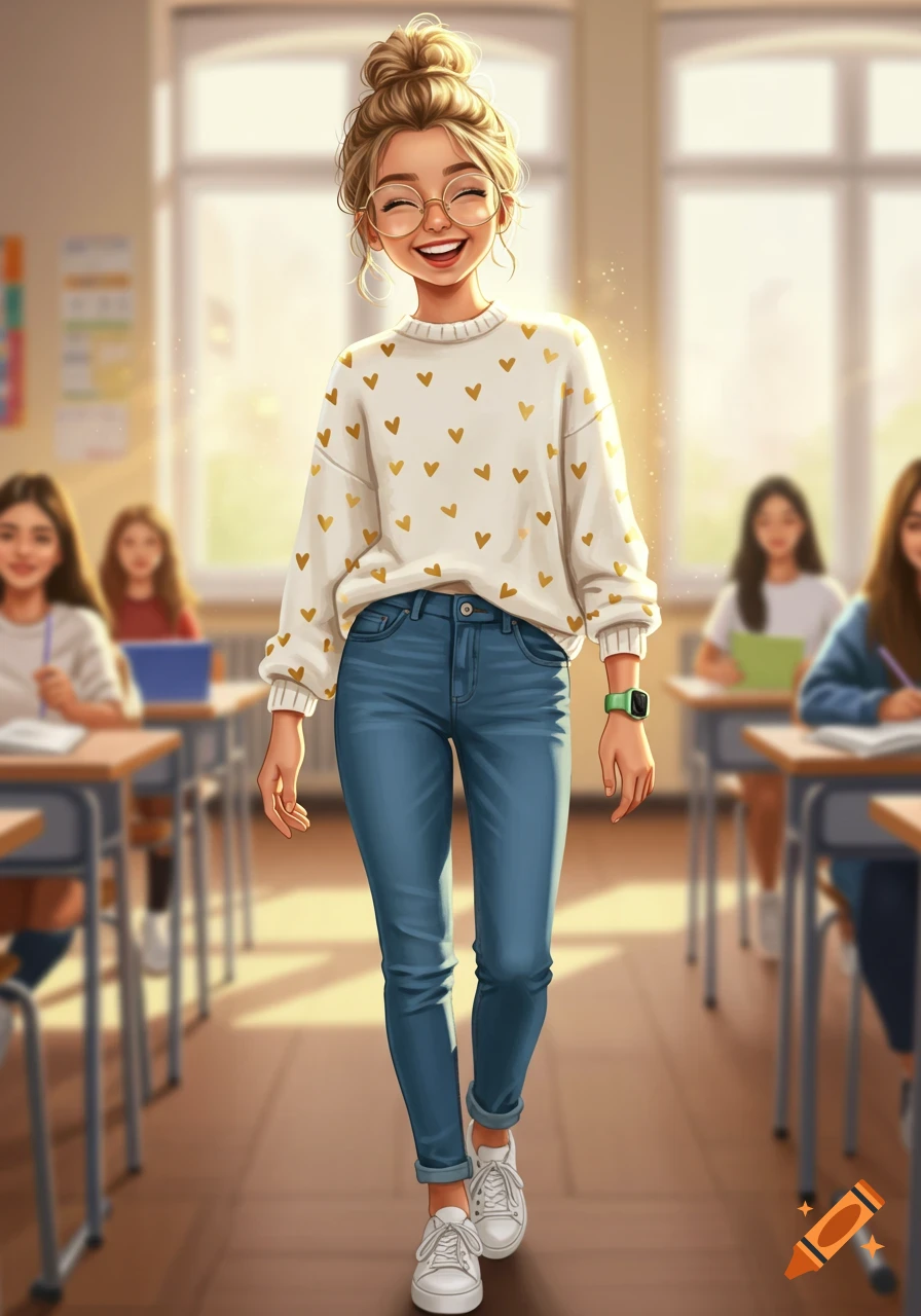 Smiling stylized illustration of a girl with blonde hair in a bun, glasses, heart sweater, jeans, and sneakers walking in a classroom.
