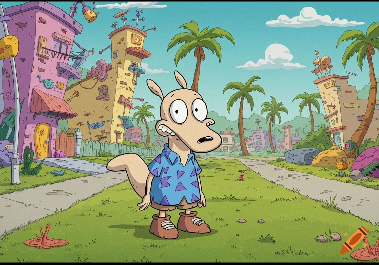 Rocko from Rocko's Modern Life stands in a vibrant, quirky cartoon town with leaning buildings and palm trees.