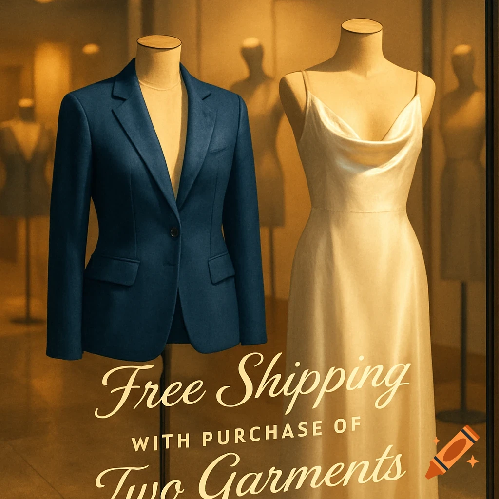 Two mannequins, one in a blue blazer, the other in a cream slip dress, in a store window with 'Free Shipping' text.