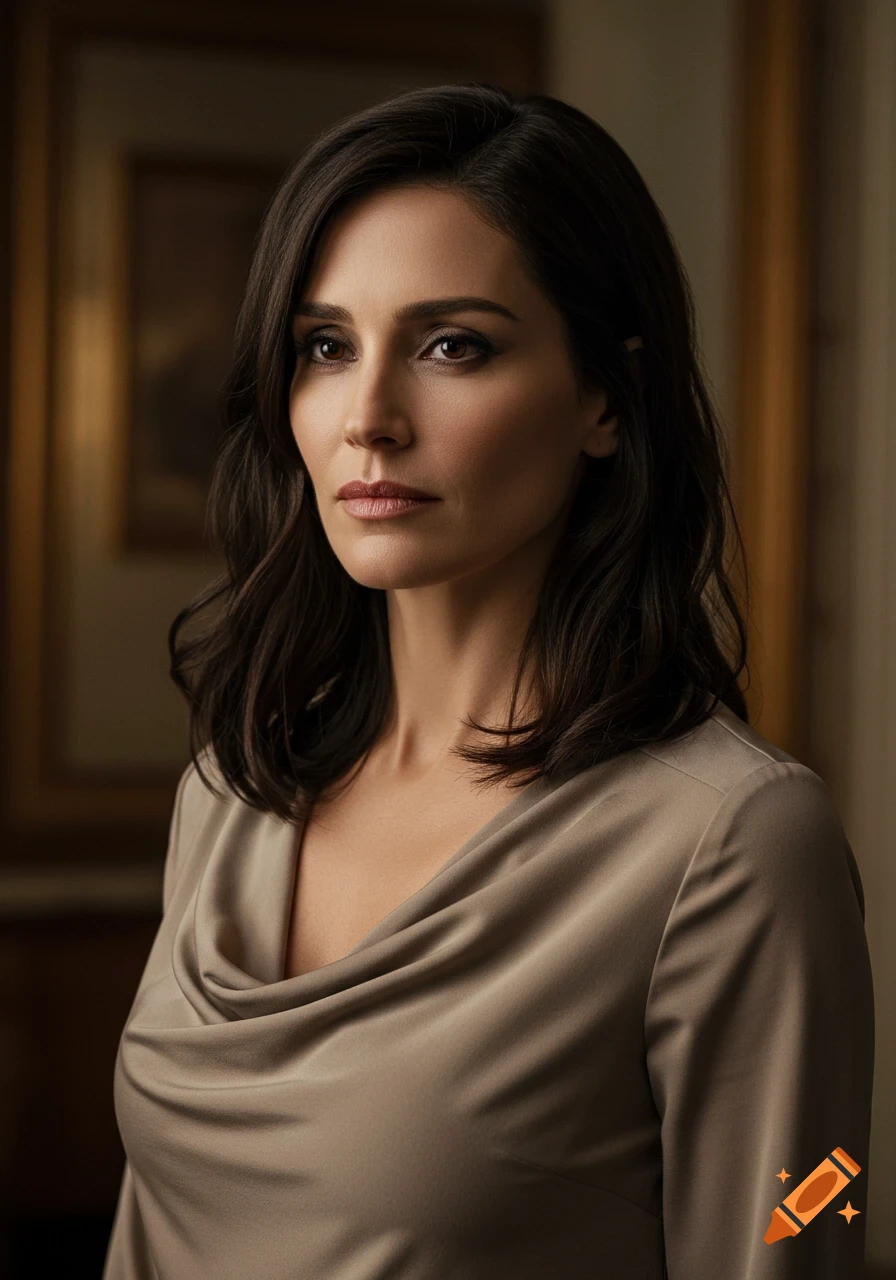 Photorealistic portrait of a sophisticated woman with dark wavy hair wearing a beige draped top, looking intently.