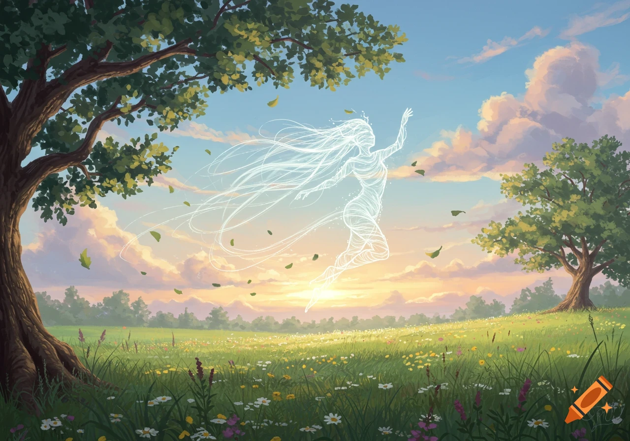 A glowing, ethereal spirit made of light and flowing lines hovers over a vibrant green meadow filled with wildflowers at sunset, surrounded by trees.